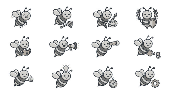 Friendly bee mascot character action set.