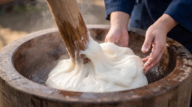 臼の中で伸びるつきたての餅と杵のクローズアップ / Close-up of freshly pounded mochi stretching in a mortar with a pestle