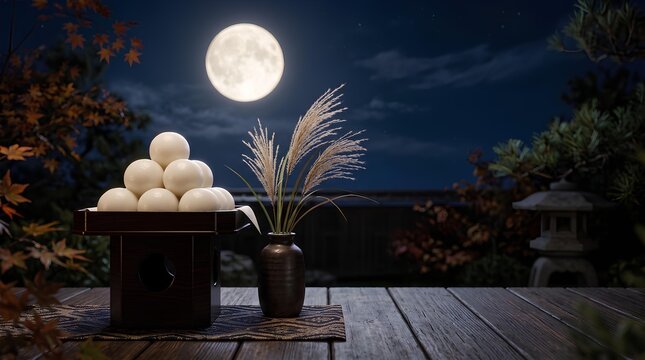 三方に盛られた月見団子とススキと美しい満月（お月見）｜Moon-viewing dumplings on a Sanbo tray and pampas grass with full moon