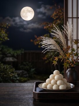 縁側に供えられた月見団子とススキと満月（お月見・十五夜）｜Moon-viewing dumplings and silver grass on the veranda under the full moon