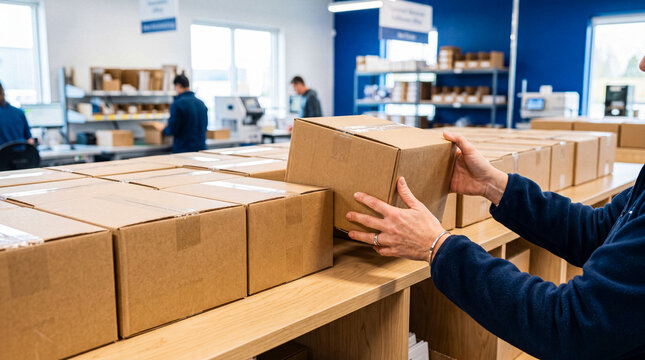 Employee's hands carefully moving a brown cardboard box on a long table filled with packages in a busy shipping.