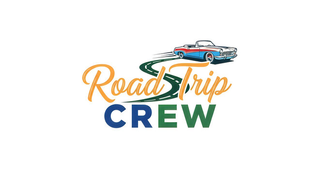 Retro car logo for road trip crew vintage design isolated on white background