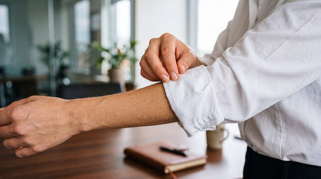 Close-up of a man in a white shirt rolling up sleeves in an office setting, symbolizing readiness to work.