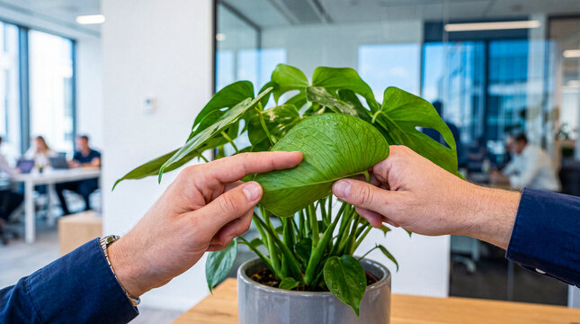 Two hands touching a vibrant green Monstera plant leaf in a blurred, modern open-plan office environment.