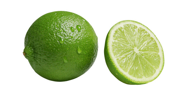 Whole green lime with water drops and half lime slice