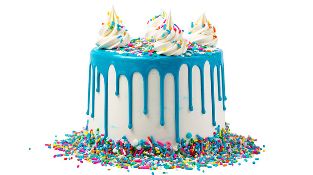 White cake with blue frosting drips and rainbow sprinkles