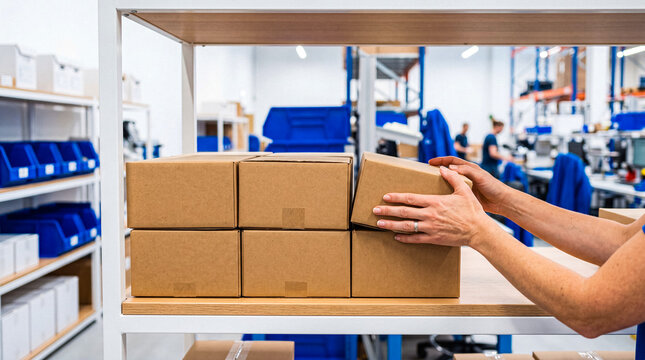 Woman's hands placing a brown cardboard box on a shelf in a brightly lit industrial warehouse environment.