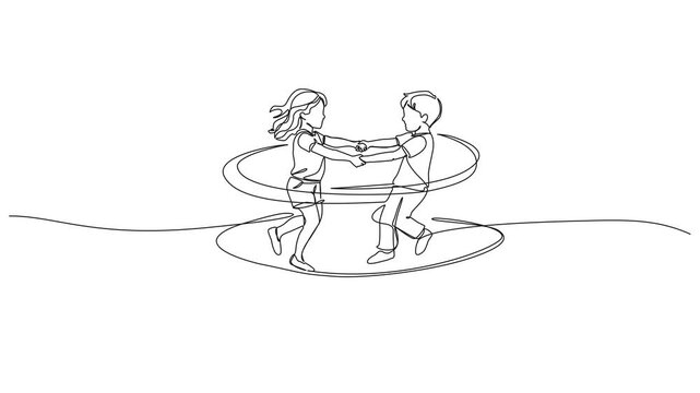 animated continuous line drawing of a happy young boy and girl holding hands and spinning around, playing together, childhood joy and friendship line art animation