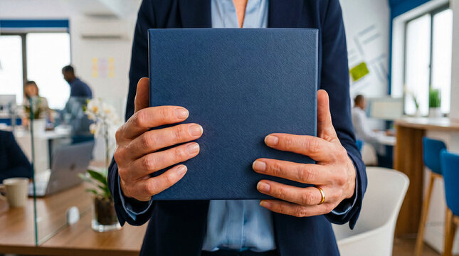 Professional person in a dark suit holding a sleek, blue gift box or package in a modern office setting.