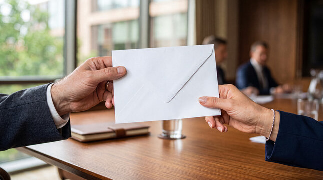 Business professionals exchanging an important confidential document in a white envelope during a formal meeting.