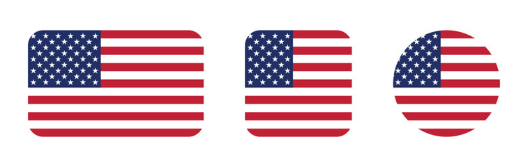 Fototapeta premium United States Flag Icon Set American Stars and Stripes Rounded Flat Square and Circular USA Flag Vector Collection