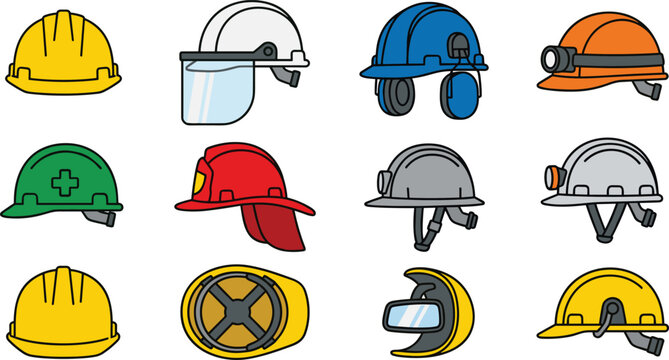 Industrial Safety Helmet Icon Set with Construction Hard Hats, Welding Face Shield, Mining Headgear, Protective Equipment, and Workplace PPE Collection