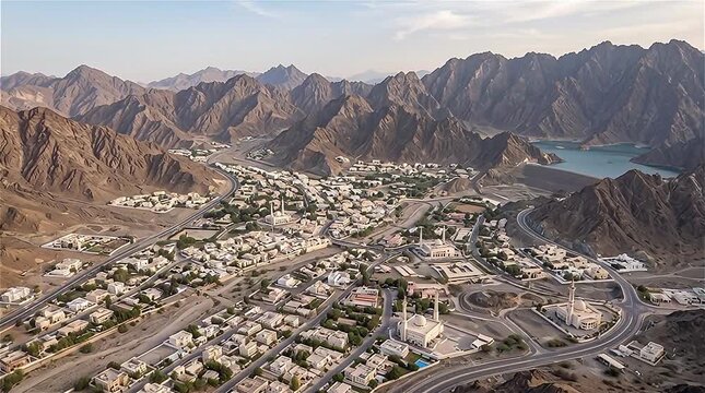 Aerial view of Hatta town aerial cityscape surrounded by Hajar mountains in Hatta enclave of Dubai in the United Arab Emirates.

