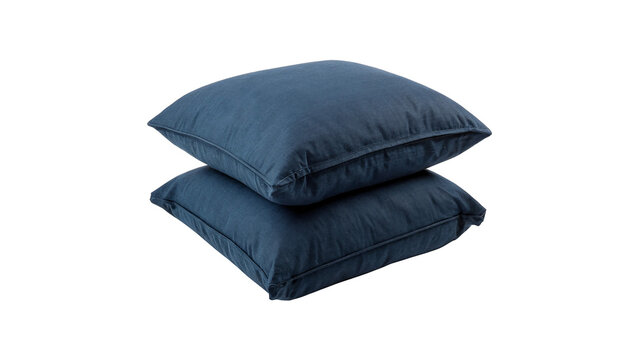 Two cozy soft dark blue square fabric throw pillows stacked isolated on transparent background cut out