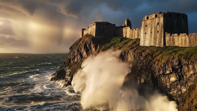 Dramatic Coastal Castle - A Stormy Seascape with Historic Architecture.