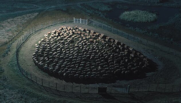 Aerial view of a large herd of cattle in a protective enclosure to protect them again predators at night, Okavango Delta, Botswana
