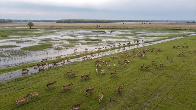 Aerial view to herd of Deer and Roe Deer on flooded grassland. Helicopter flight over wild animals. Wildlife from above.
