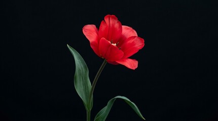 Fototapeta premium Vibrant Red Tulip Flower in Full Bloom with Green Leaves Isolated on a Solid Black Background