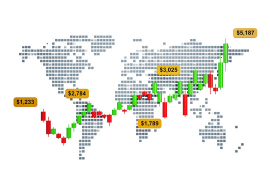 Candlestick chart over pixel world map in clean style on white background, concept of global business data insight, 3D Rendering