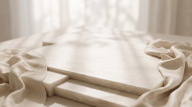 Tiered travertine platform steps with soft linen fabric and blurred window background