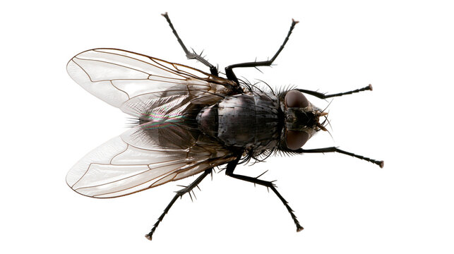 Detailed macro view of a common housefly with translucent wings and hairy legs
