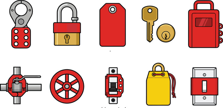 Lockout Tagout Safety Icon Set with Padlocks, Safety Tags, Electrical Isolation Devices, Valve Lockout Equipment, and Industrial Workplace Protection Symbols