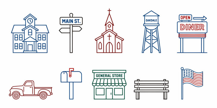 American small town icons and symbols in colorful line art style