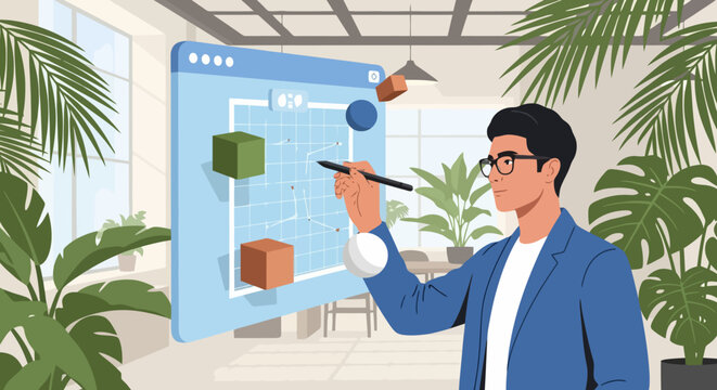 3D modeling software displayed on monitor in a modern office with plants