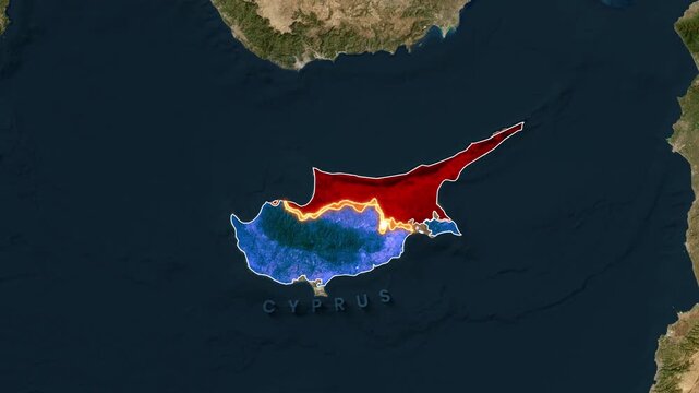 Animated map highlights Cyprus's divided regions with glowing borders motion