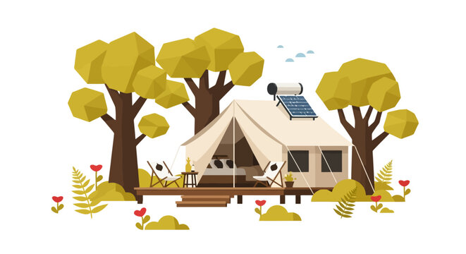 Minimalist glamping tent, chair, trees in nature for outdoor leisure.