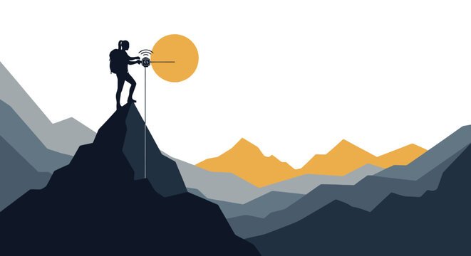 Woman hiker on mountain peak sending data with signal device at sunset
