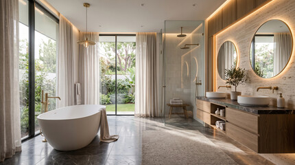 Fototapeta premium Modern bathroom design with large windows and open garden view i