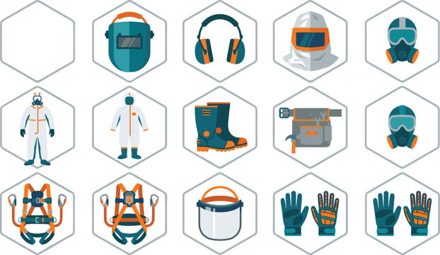 Personal Protective Equipment Icon Set with Industrial Safety Gear, Respiratory Protection, Welding Helmet, Protective Clothing, Work Gloves, and Construction PPE Collection