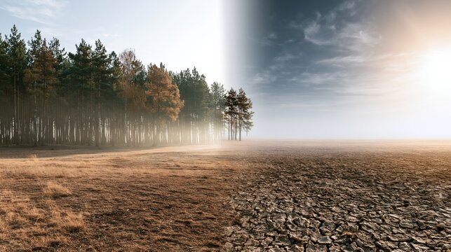 Split landscape showing a dry forest turning into barren land, symbolizing climate change, environmental degradation, and ecosystem loss