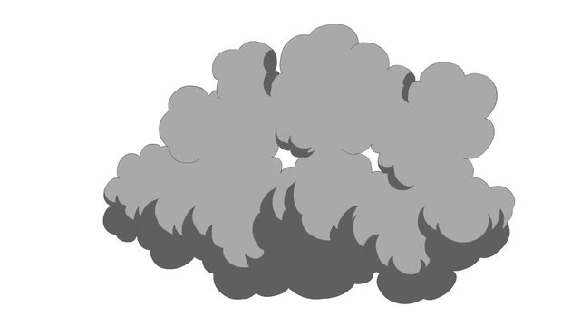 Looping animation of cartoon smoke cloud exploding and puffing. Grey dynamic dust or steam effect with alpha channel for motion graphics