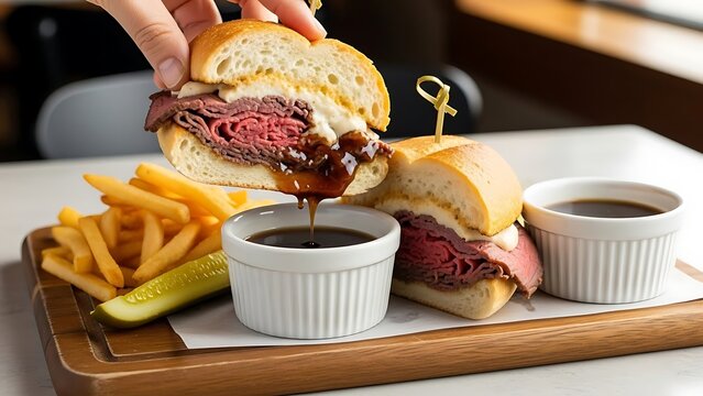 Juicy roast beef sandwich dipped in au jus with french fries and pickle