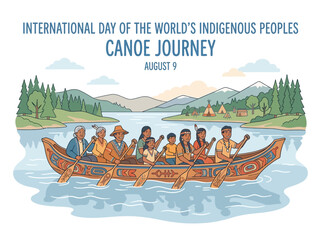 People in a traditional wooden canoe paddling on water with a forest and mountain backdrop © Miu Studio