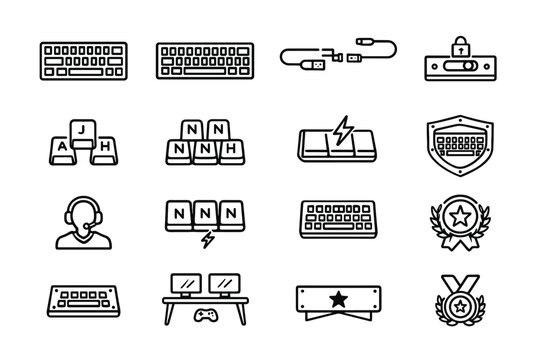 &Iacute;conos de Teclado Gamer. Esports gaming keyboard. Line outline icon set of esports gaming keyboard: compact