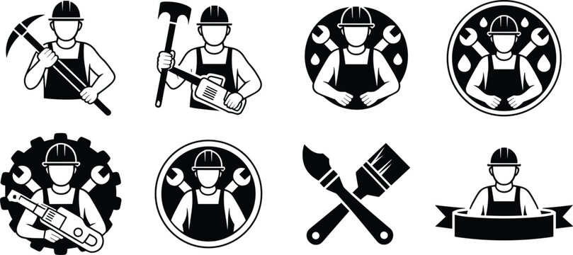 Construction worker logo vector icon set featuring handyman silhouettes with tools hard hat wrench paintbrush