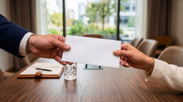 Close-up photograph of two business professionals' hands exchanging a blank white envelope across a polished conference.