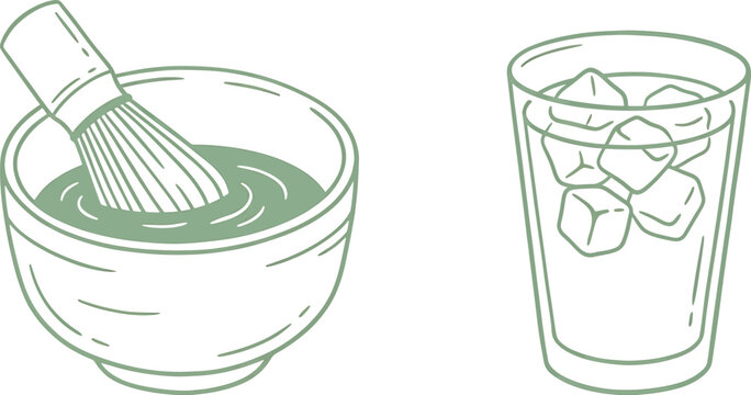 Matcha tea in a bowl with a bamboo whisk and a glass of iced matcha latte, handdrawn vector illustration