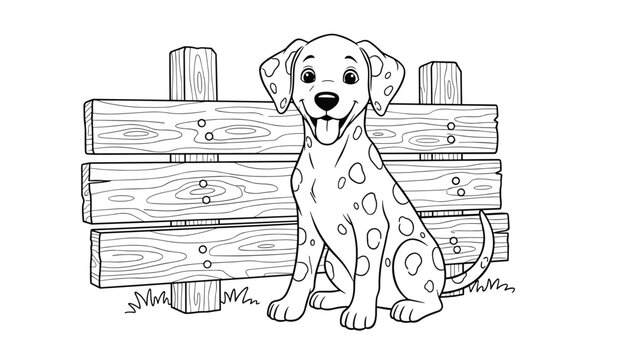 Cute dalmatian puppy sitting patiently in front of rustic wooden garden fence black and white line art illustration.