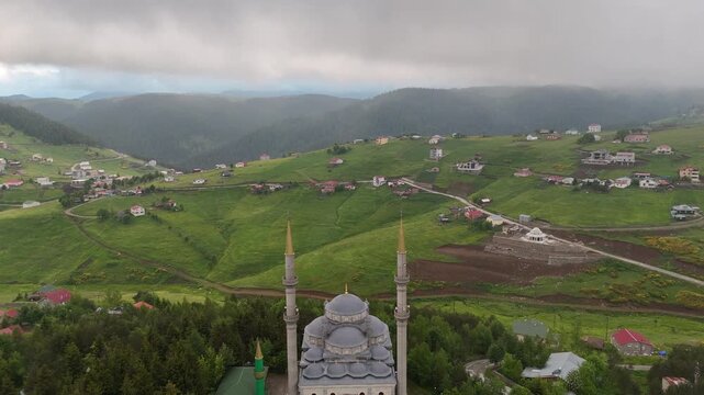 4K Drone Footage of Ha&ccedil;kalı Baba Mosque and Highland Settlement in Trabzon Turkey