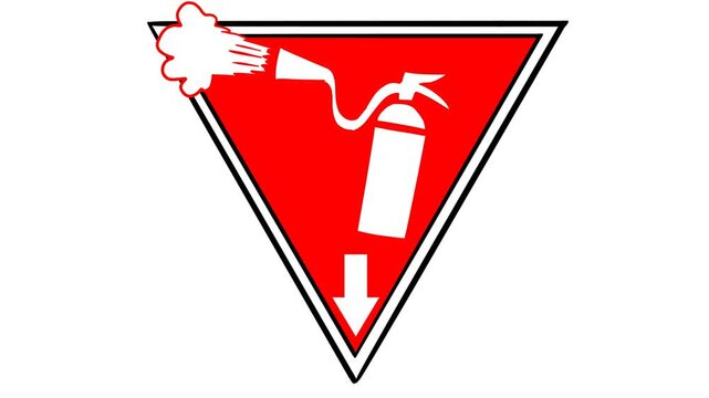 Animated fire extinguisher sign with blinking arrow. Red triangle emergency safety icon