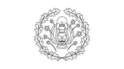 Obraz premium Vintage Lantern Emblem with Oak Leaves and Stars - Outline Illustration