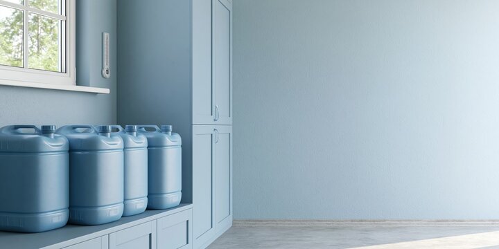 Blue water containers lined up indoors