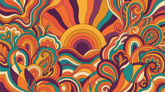 Vibrant retro psychedelic background with a groovy sunburst and swirling abstract patterns, evoking 1960s and 1970s vintage design aesthetics.