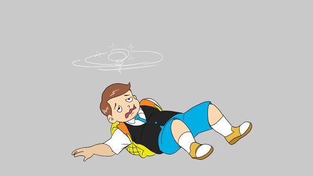 Animated cartoon character boy slipping on a banana peel, losing balance, and falling. Dynamic comedy motion graphic clip