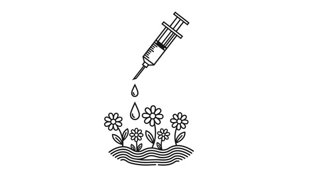 Medical syringe dripping clear liquid over a patch of growing flowers representing nature and biotechnology.