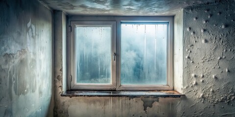 Fototapeta premium A neglected room's solitary window, condensation blurring the view, reveals damp walls and a decaying windowsill.